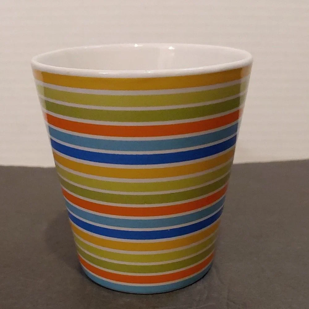 Crate & Barrel Coffee Mug Cup Orange Yellow Green Blue Stripes 12 Ounce VG Cond